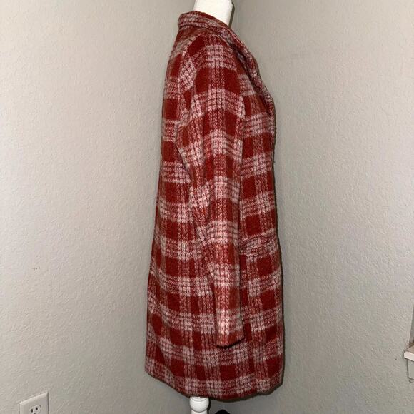 Old Navy Pea Coat Women’s Medium Red White Plaid Wool Blend Pockets Zip Front - Picture 2 of 10
